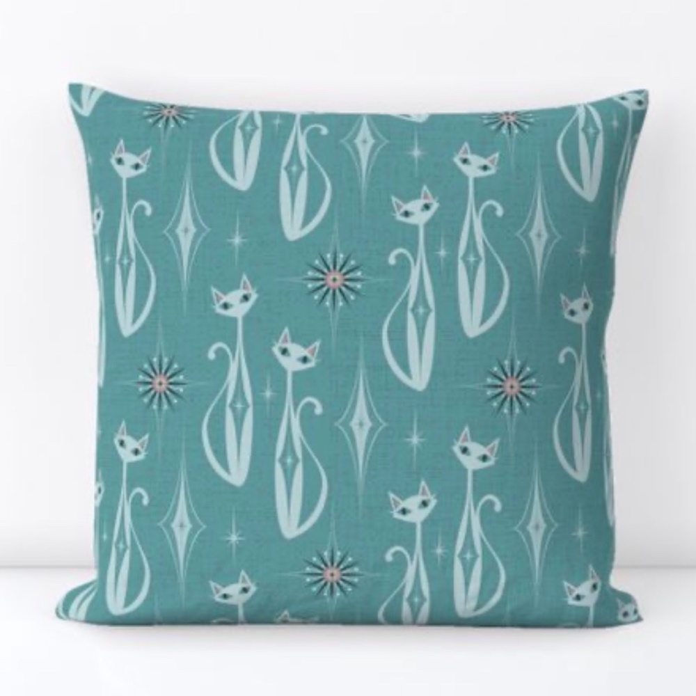 Velvet White Cat Pillows, Teal, Turquoise, Atomic, MCM, Studioxtine